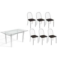 Conjunto: Mesa Sala Jantar Elba C- Tampo De Vidro 150cm E 6 Cadeiras Noruega Cromada - Courano Preto - Kappesberg - 1