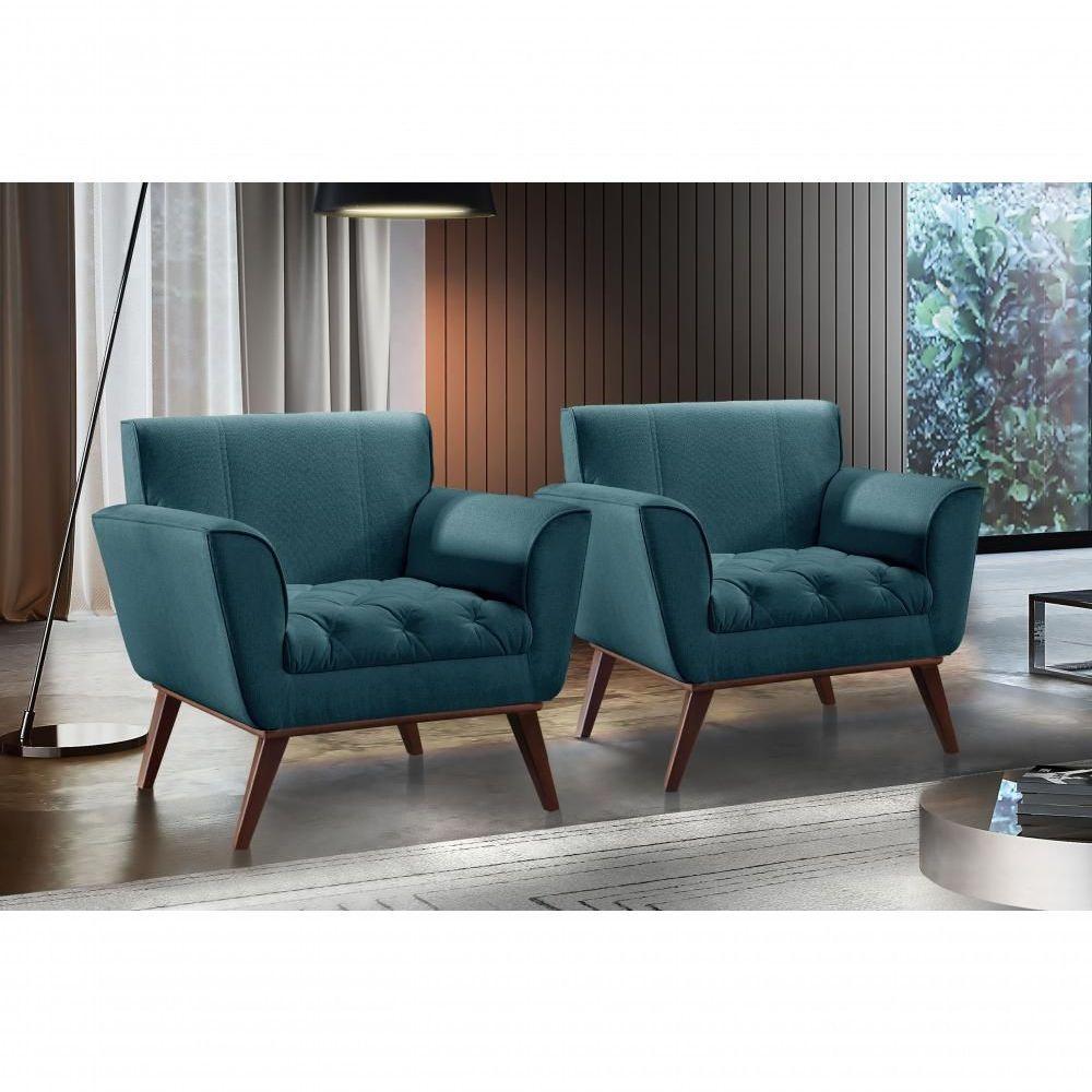 Conjunto - 2 Poltronas Lise Luxo Madeira Maciça Castellar Linho Azul - 5