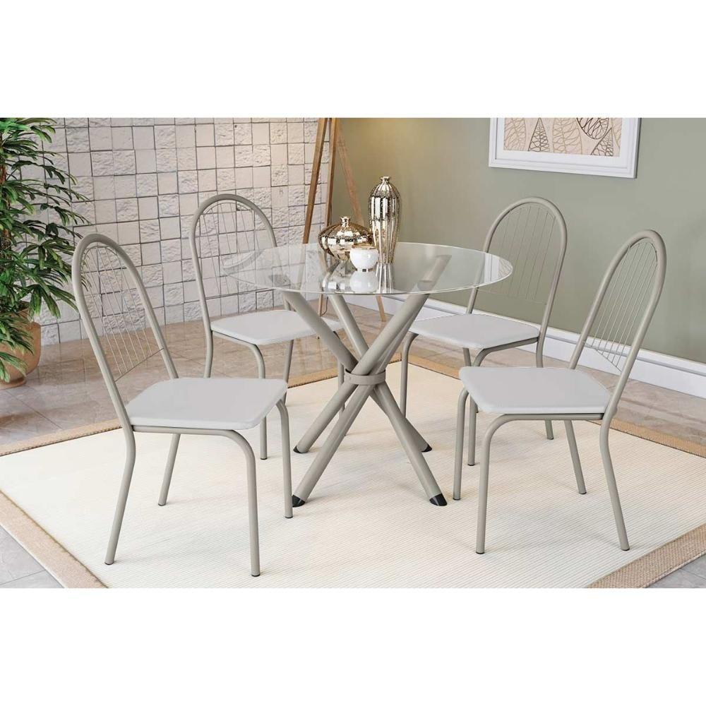 Conjunto: Mesa De Cozinha Volga C- Tampo De Vidro 95cm E 4 Cadeiras Noruega Niquel - Courano Branco - Kappesberg - 1