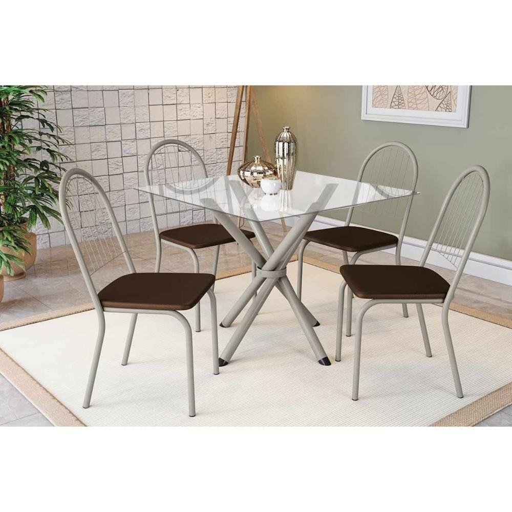 Conjunto: Mesa Sala Jantar Volga C- Tampo De Vidro 90cm E 4 Cadeiras Noruega Niquel - Courano Marrom - Kappesberg - 1