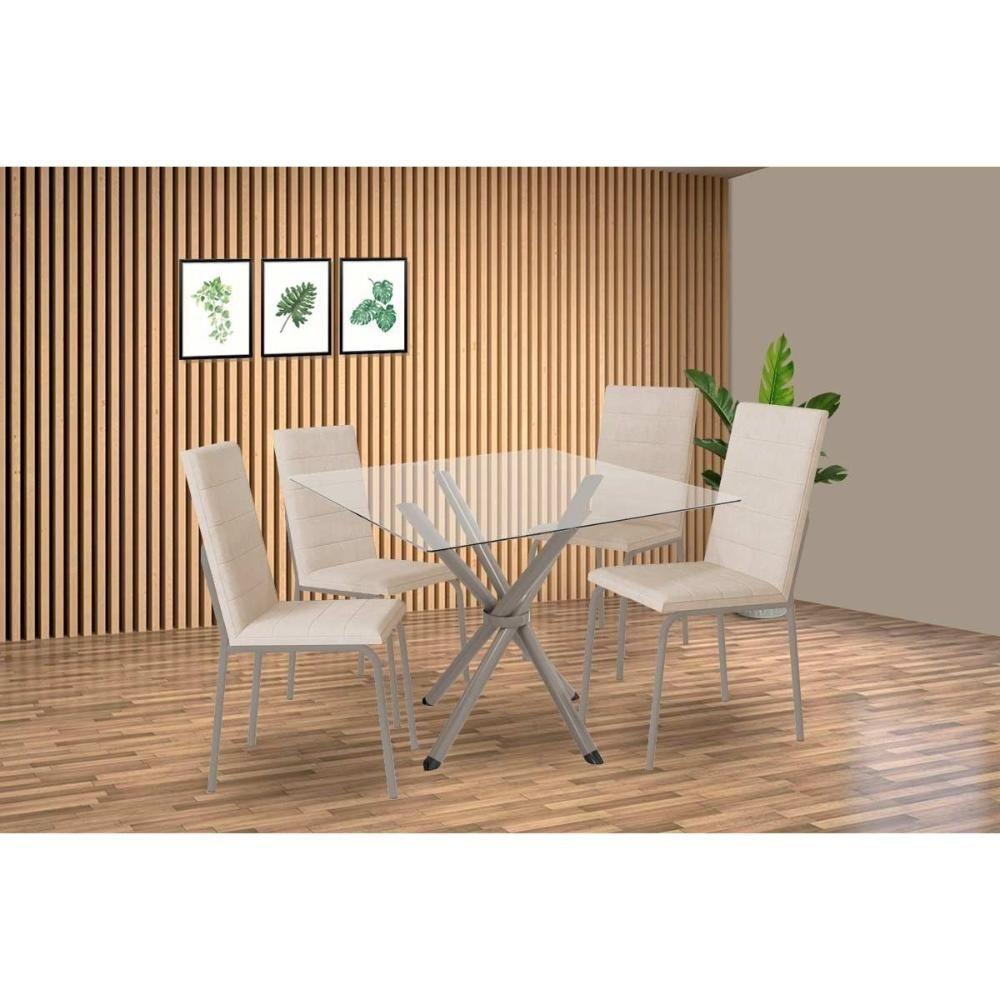 Conjunto: Mesa De Cozinha Volga C- Tampo De Vidro 90cm E 4 Cadeiras Amsterdã Niquel - Courano Bege - Kappesberg - 1