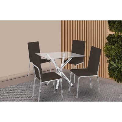 Conjunto: Mesa Sala Jantar Volga C- Tampo De Vidro 90cm E 4 Cadeiras Amsterdã Cromada - Courano Marrom - Kappesberg