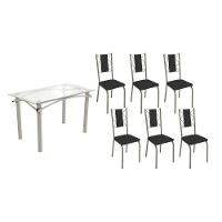Conjunto: Mesa De Cozinha Elba C- Tampo De Vidro 120cm E 6 Cadeiras Lisboa Niquel - Courano Preto - Kappesberg - 1