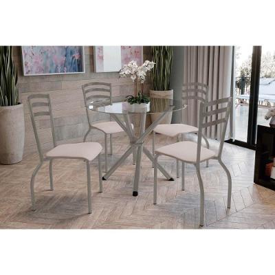 Conjunto: Mesa Sala Jantar Volga C- Tampo De Vidro 95cm E 4 Cadeiras Portugal Niquel - Courano Bege - Kappesberg