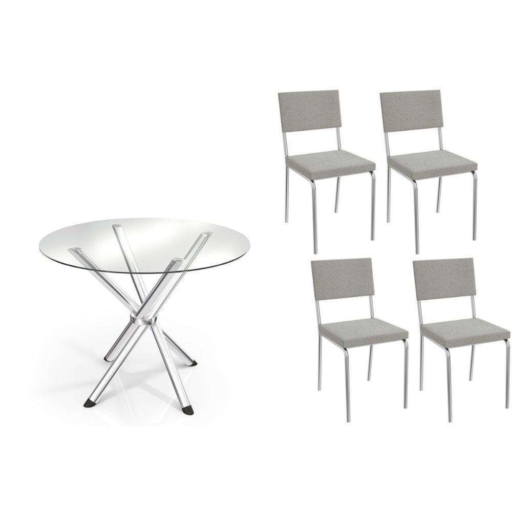 Conjunto: Mesa De Cozinha Volga C- Tampo De Vidro 95cm E 4 Cadeiras Zaria Cromada - Boucle Cinza - Kappesberg - 1