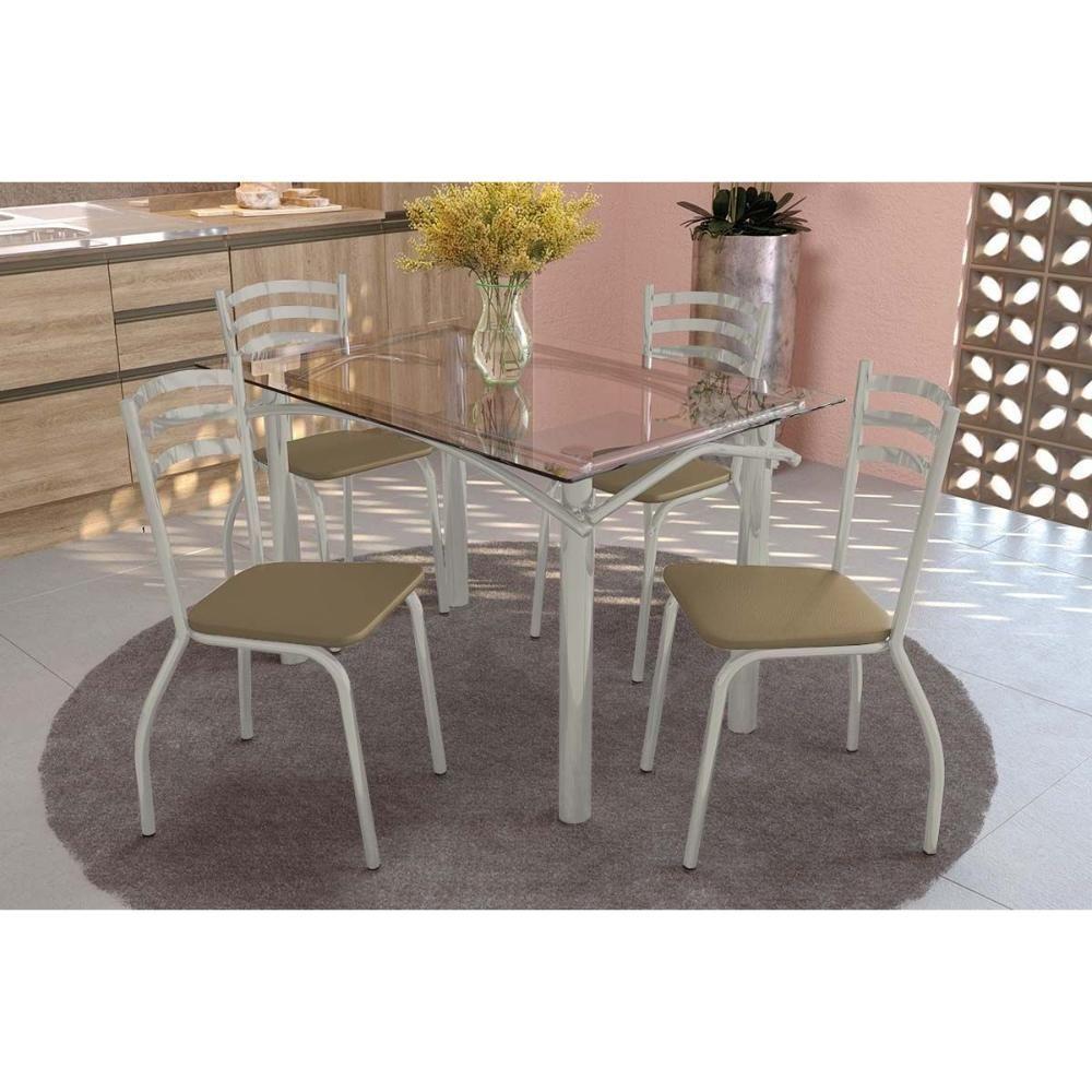 Conjunto: Mesa Sala Jantar Elba C- Tampo De Vidro 120cm E 4 Cadeiras Portugal Niquel - Courano Capuccino - Kappesberg - 1