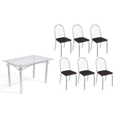 Conjunto: Mesa Sala Jantar Elba C- Tampo De Vidro 120cm E 6 Cadeiras Noruega Cromada - Courano Preto - Kappesberg