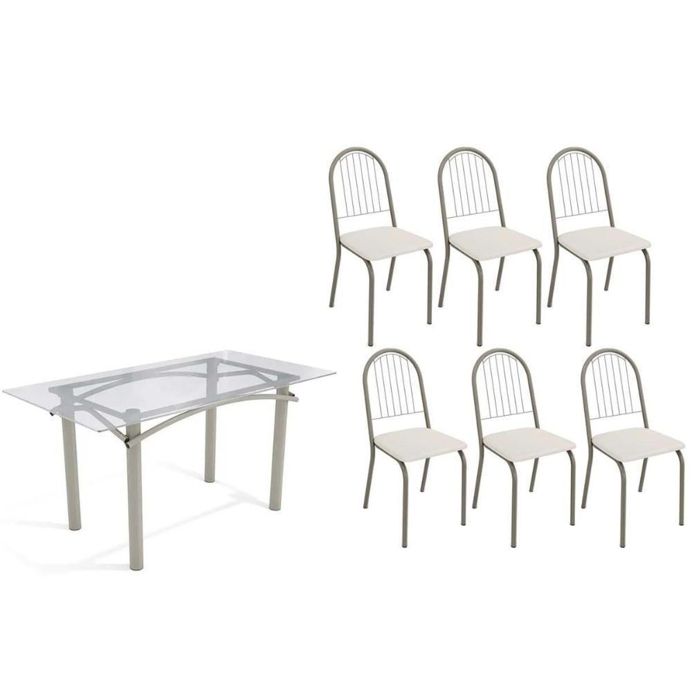 Conjunto: Mesa De Cozinha Elba C- Tampo De Vidro 150cm E 6 Cadeiras Noruega Niquel - Courano Branco - Kappesberg - 1