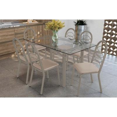 Conjunto: Mesa Sala Jantar Elba C- Tampo De Vidro 150cm E 6 Cadeiras Holanda Niquel - Courano Bege - Kappesberg