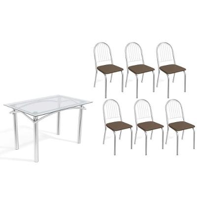 Conjunto: Mesa Sala Jantar Elba C- Tampo De Vidro 120cm E 6 Cadeiras Noruega Cromada - Courano Marrom - Kappesberg