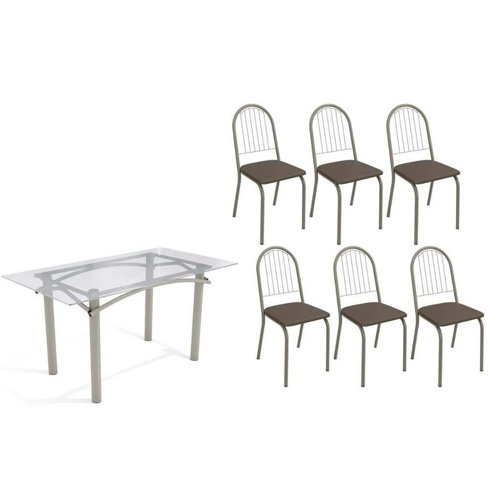 Conjunto: Mesa De Cozinha Elba C- Tampo De Vidro 150cm E 6 Cadeiras Noruega Niquel - Courano Marrom - Kappesberg - 1