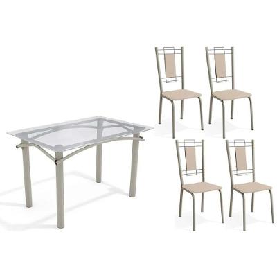 Conjunto: Mesa Sala Jantar Elba C- Tampo De Vidro 120cm E 4 Cadeiras Florença Niquel - Courano Bege - Kappesberg