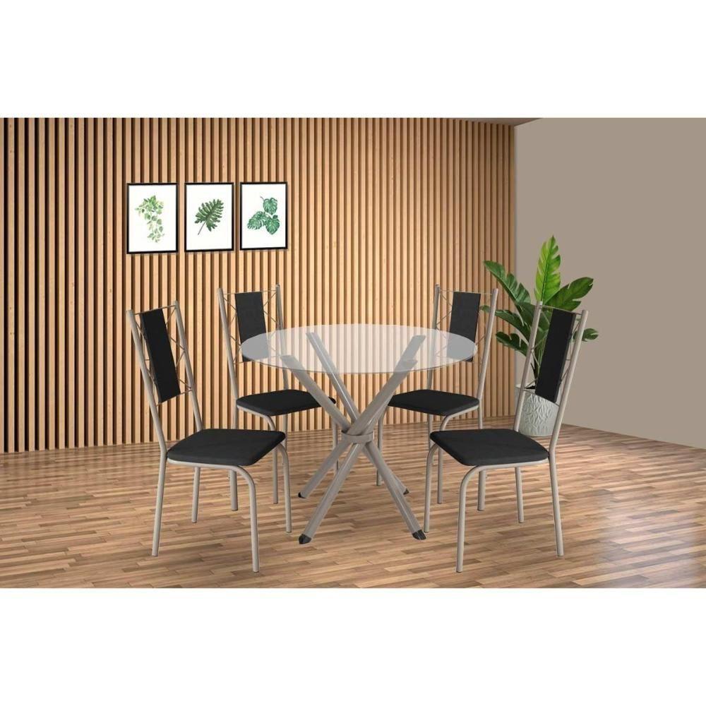 Conjunto: Mesa Sala Jantar Volga C- Tampo De Vidro 95cm E 4 Cadeiras Lisboa Niquel - Courano Preto - Kappesberg - 1