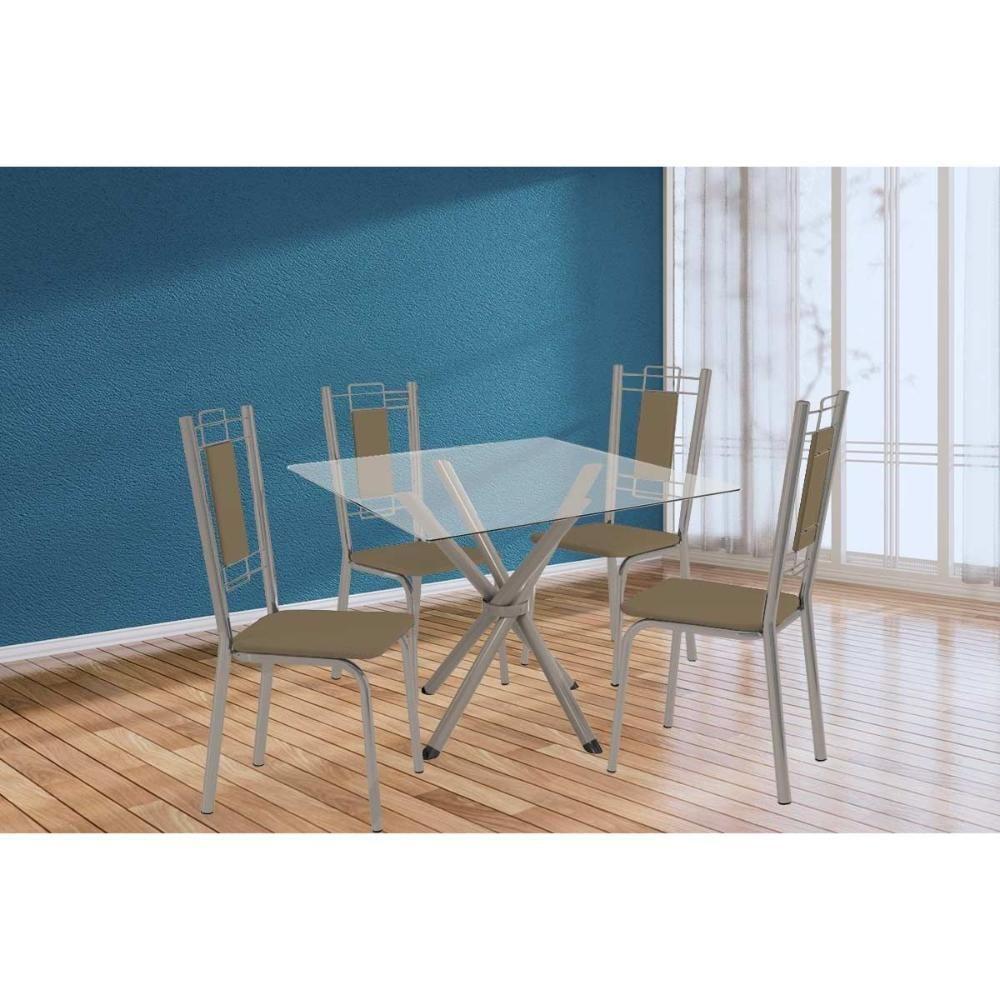 Conjunto: Mesa De Cozinha Volga C- Tampo De Vidro 90cm E 4 Cadeiras Florença Niquel - Courano Capuccino - Kappesberg - 1