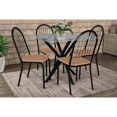 Conjunto: Mesa De Cozinha Volga C- Tampo De Vidro 90cm E 4 Cadeiras Noruega Preto - Capuccino - Kappesberg