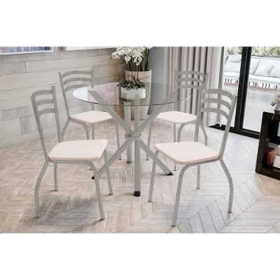Conjunto: Mesa Sala Jantar Volga C- Tampo De Vidro 95cm E 4 Cadeiras Portugal Niquel - Courano Bege - Kappesberg
