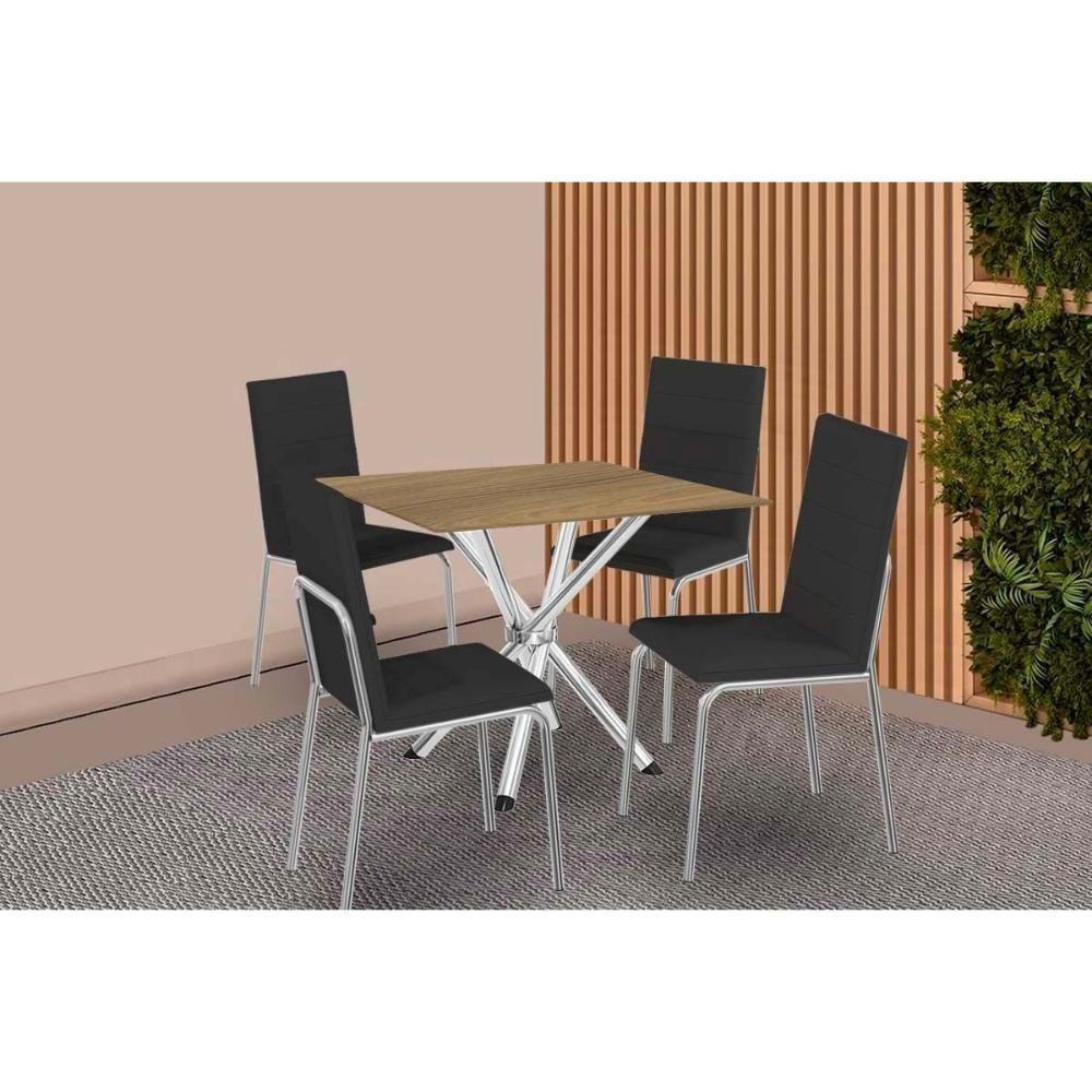 Conjunto: Mesa De Cozinha Volga C- Tampo De Madeira 90cm E 4 Cadeiras Amsterdã Cromado-nogueira - Preto - Kappesberg - 1