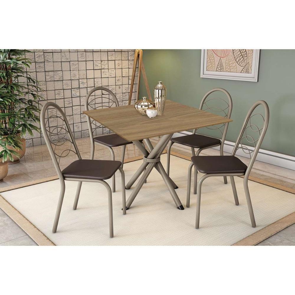 Conjunto: Mesa Sala Jantar Volga C- Tampo De Madeira 90cm E 4 Cadeiras Holanda Niquel-nogueira - Marrom - Kappesberg - 1