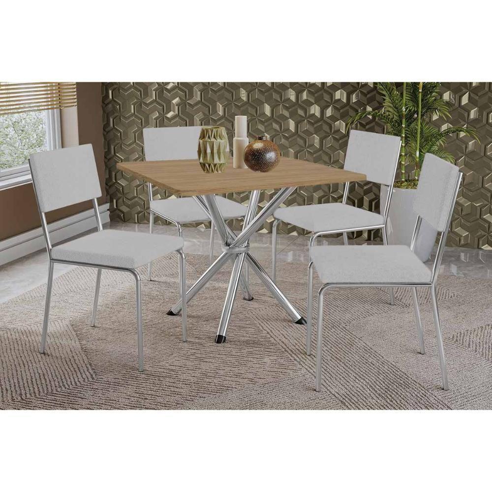 Conjunto: Mesa De Cozinha Volga C- Tampo De Madeira 90cm E 4 Cadeiras Zaria Cromada-nogueira - Boucle Cinza - Kappesberg - 1