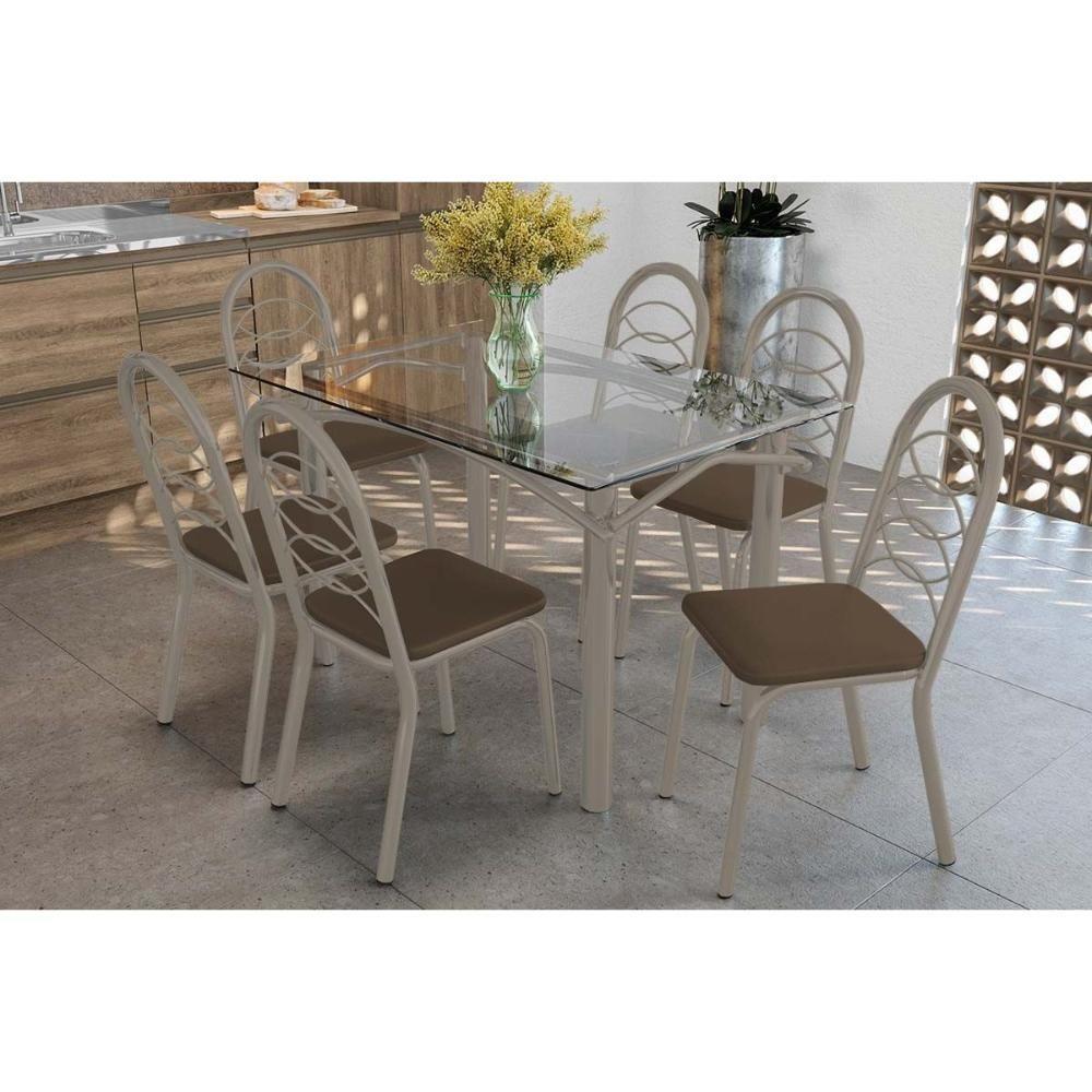 Conjunto: Mesa De Cozinha Elba C- Tampo De Vidro 120cm E 6 Cadeiras Holanda Niquel - Courano Marrom - Kappesberg - 1