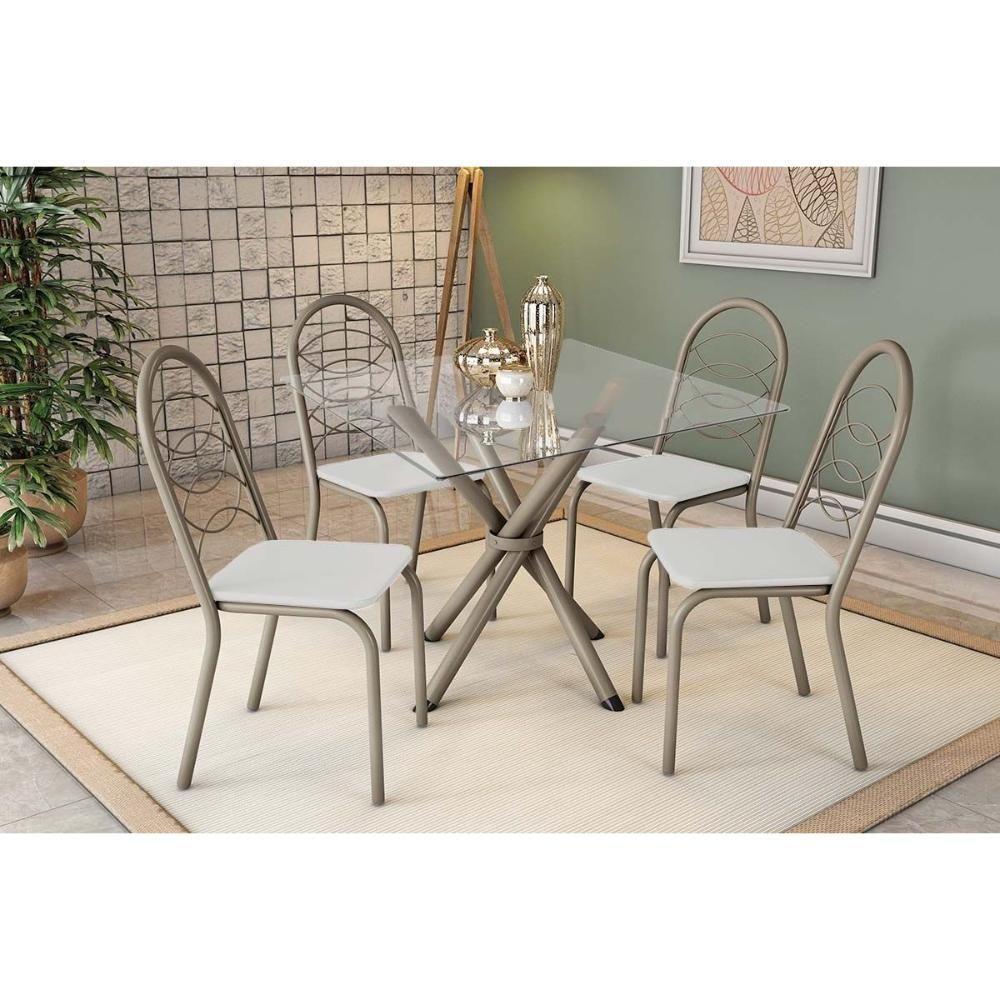 Conjunto: Mesa Sala Jantar Volga C- Tampo De Vidro 90cm E 4 Cadeiras Holanda Niquel - Courano Branco - Kappesberg - 1