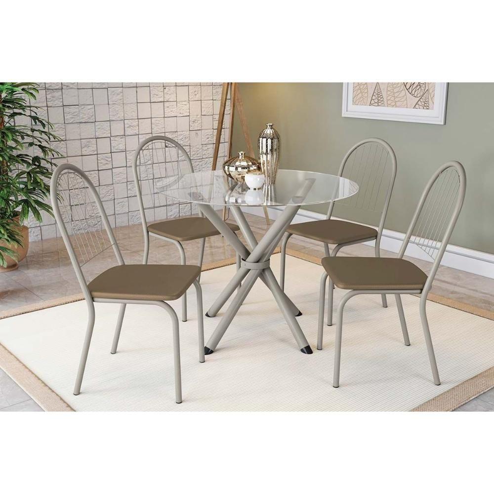 Conjunto: Mesa Sala Jantar Volga C- Tampo De Vidro 95cm E 4 Cadeiras Noruega Niquel - Courano Capuccino - Kappesberg - 1