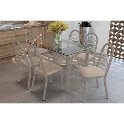 Conjunto: Mesa Sala Jantar Elba C- Tampo De Vidro 120cm E 6 Cadeiras Holanda Niquel - Courano Bege - Kappesberg
