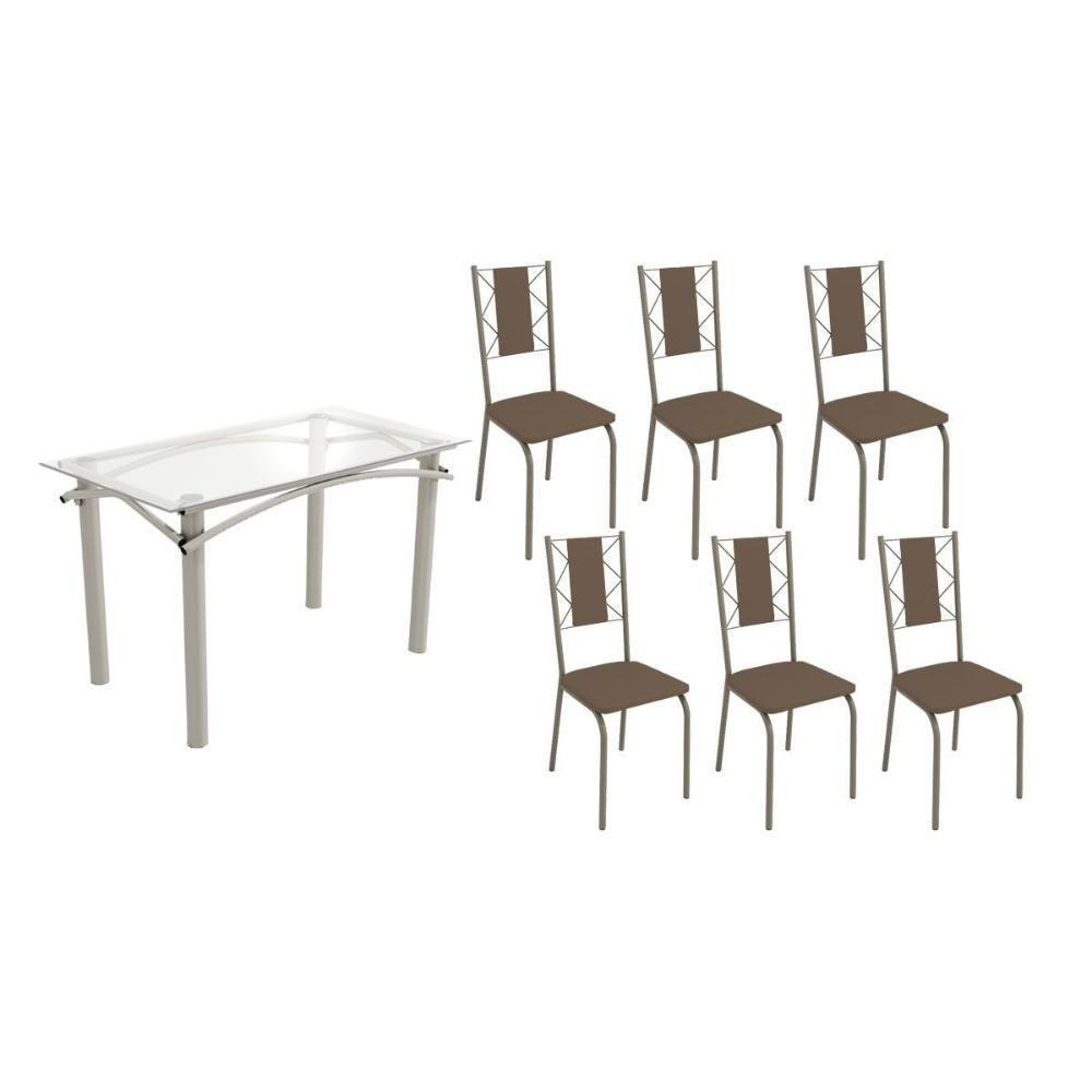 Conjunto: Mesa Sala Jantar Elba C- Tampo De Vidro 120cm E 6 Cadeiras Lisboa Niquel - Courano Marrom - Kappesberg - 1