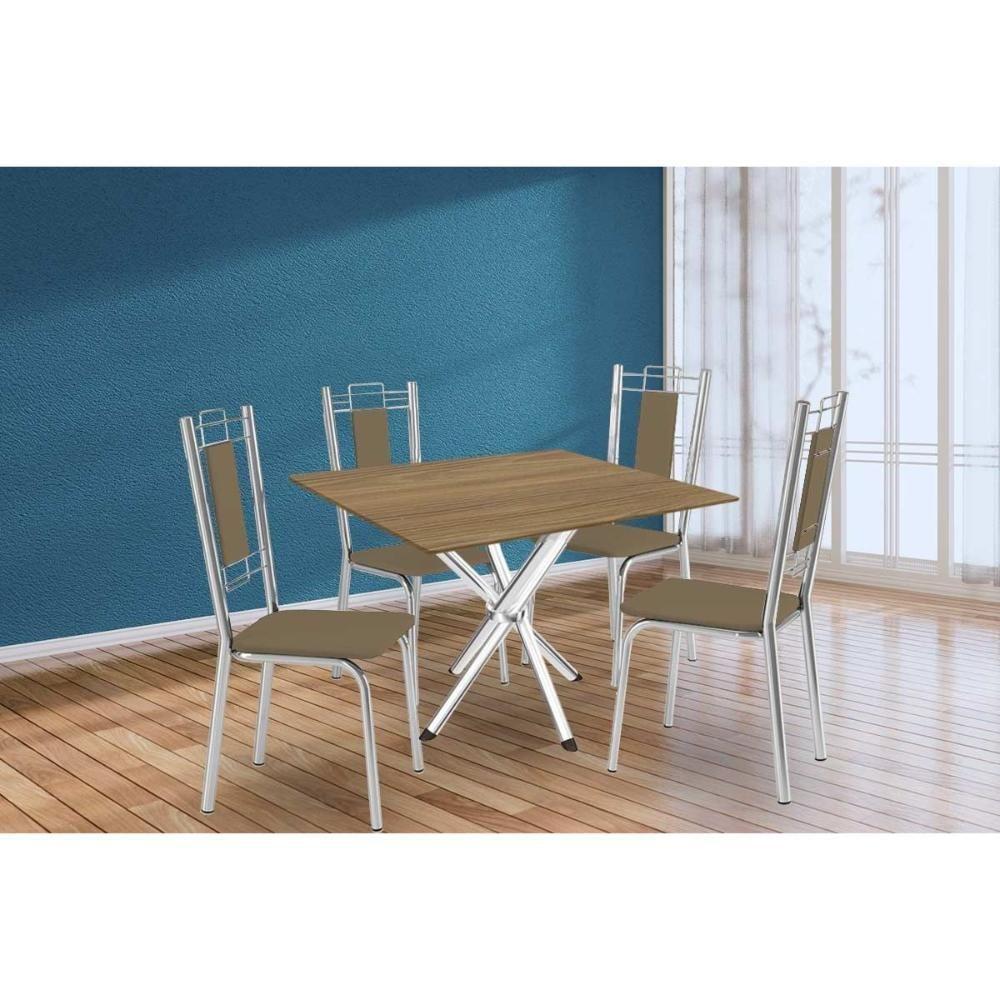 Conjunto: Mesa Sala Jantar Volga C- Tampo De Madeira 90cm E 4 Cadeiras Lisboa Cromado-nogueira - Capuccino - Kappesberg - 1
