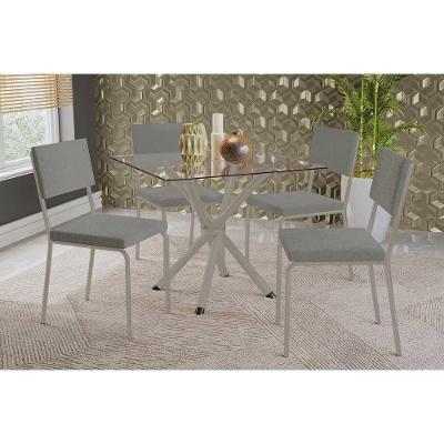 Conjunto: Mesa Sala Jantar Volga C- Tampo De Vidro 90cm E 4 Cadeiras Zaria Niquel - Boucle Cinza - Kappesberg