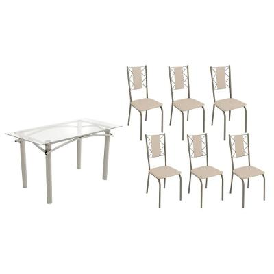 Conjunto: Mesa Sala Jantar Elba C- Tampo De Vidro 150cm E 6 Cadeiras Lisboa Niquel - Courano Bege - Kappesberg