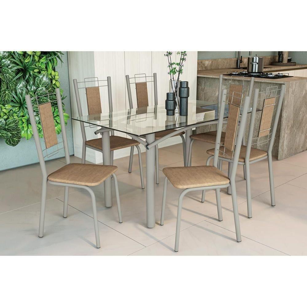 Conjunto: Mesa Sala Jantar Elba C- Tampo De Vidro 150cm E 6 Cadeiras Florença Niquel - Courano Capuccino - Kappesberg - 1