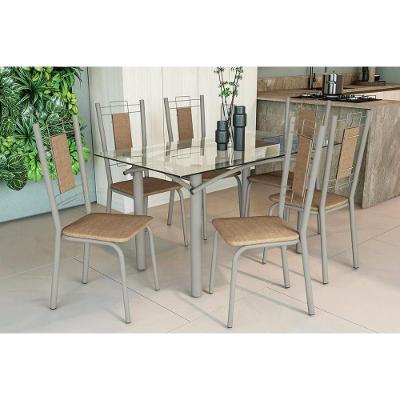 Conjunto: Mesa Sala Jantar Elba C- Tampo De Vidro 150cm E 6 Cadeiras Florença Niquel - Courano Capuccino - Kappesberg