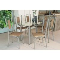 Conjunto: Mesa Sala Jantar Elba C- Tampo De Vidro 150cm E 6 Cadeiras Florença Niquel - Courano Capuccino - Kappesberg - 1