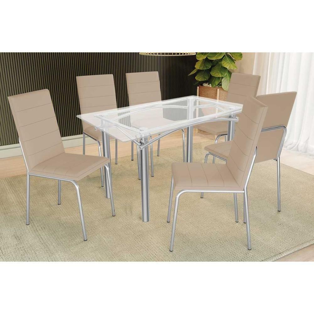 Conjunto: Mesa Sala Jantar Elba C- Tampo De Vidro 150cm E 6 Cadeiras Amsterdã Cromada - Courano Bege - Kappesberg - 1