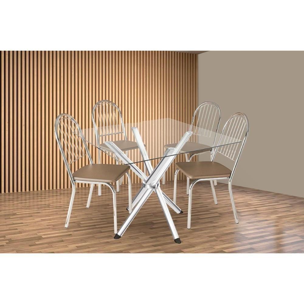 Conjunto: Mesa De Cozinha Volga C- Tampo De Vidro 90cm E 4 Cadeiras Noruega Cromada - Courano Capuccino - Kappesberg - 1