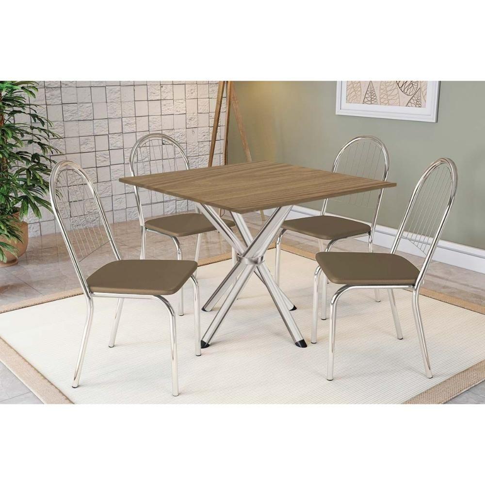 Conjunto: Mesa De Cozinha Volga C- Tampo De Madeira 90cm E 4 Cadeiras Noruega Cromado-nogueira - Capuccino - Kappesberg - 1