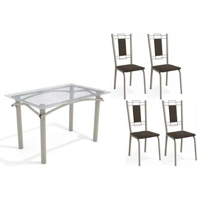 Conjunto: Mesa Sala Jantar Elba C- Tampo De Vidro 120cm E 4 Cadeiras Florença Niquel - Courano Marrom - Kappesberg