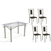 Conjunto: Mesa Sala Jantar Elba C- Tampo De Vidro 120cm E 4 Cadeiras Florença Niquel - Courano Marrom - Kappesberg - 1