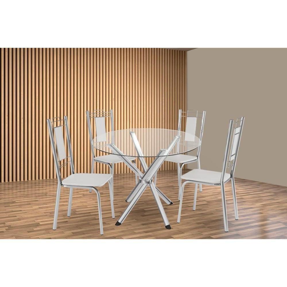 Conjunto: Mesa De Cozinha Volga C- Tampo De Vidro 95cm E 4 Cadeiras Florença Cromada - Courano Branco - Kappesberg - 1