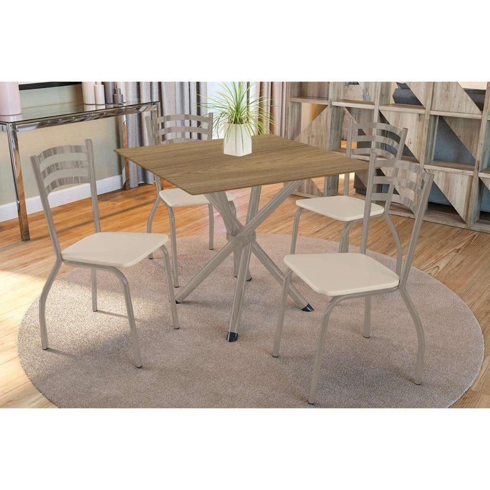 Conjunto: Mesa Sala Jantar Volga C- Tampo De Madeira 90cm E 4 Cadeiras Portugal Niquel-nogueira - Bege - Kappesberg - 1