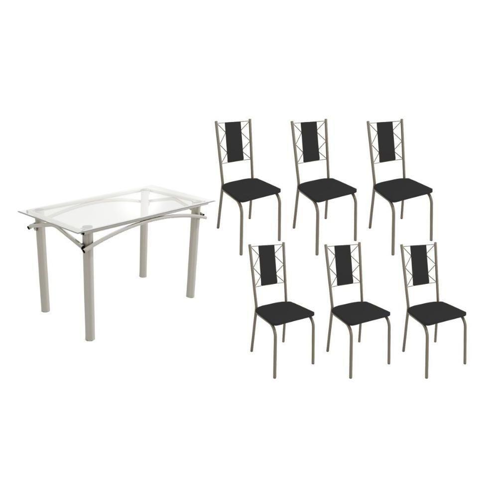 Conjunto: Mesa Sala Jantar Elba C- Tampo De Vidro 120cm E 6 Cadeiras Lisboa Niquel - Courano Preto - Kappesberg - 1
