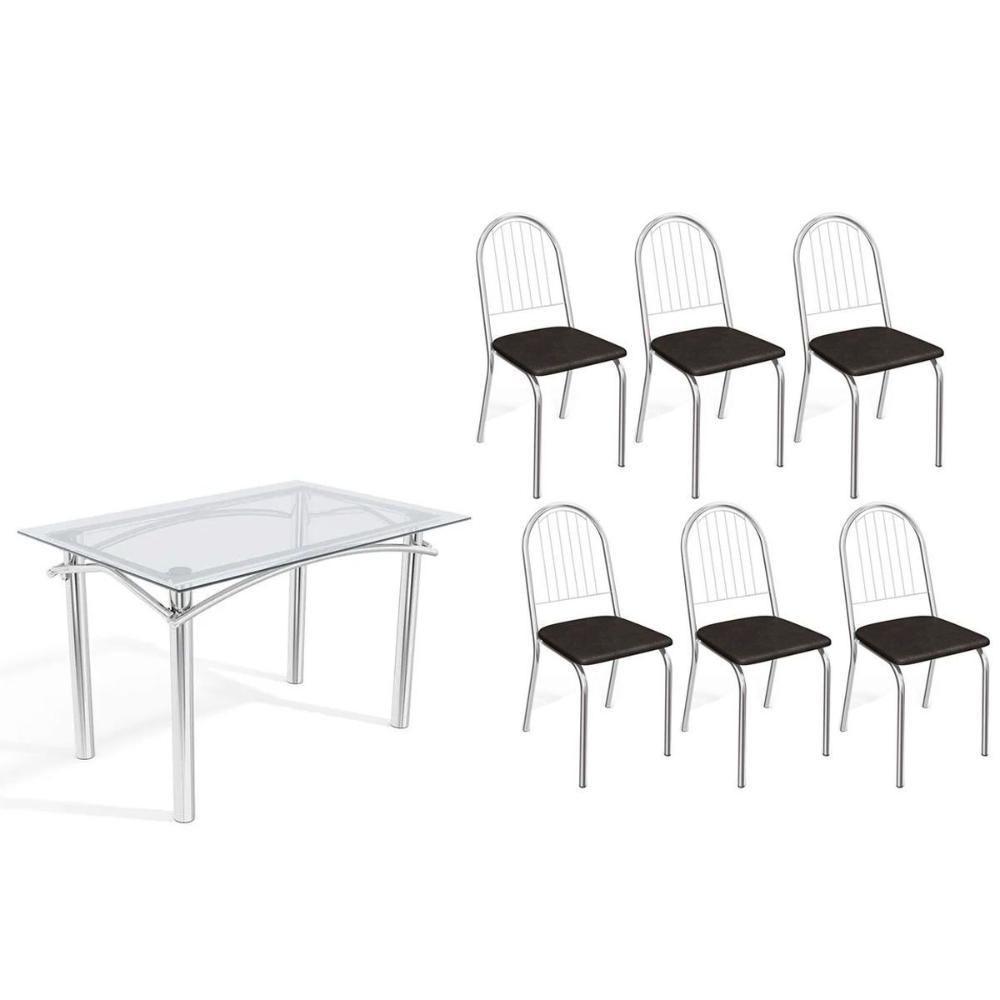 Conjunto: Mesa De Cozinha Elba C- Tampo De Vidro 120cm E 6 Cadeiras Noruega Cromada - Courano Preto - Kappesberg - 1