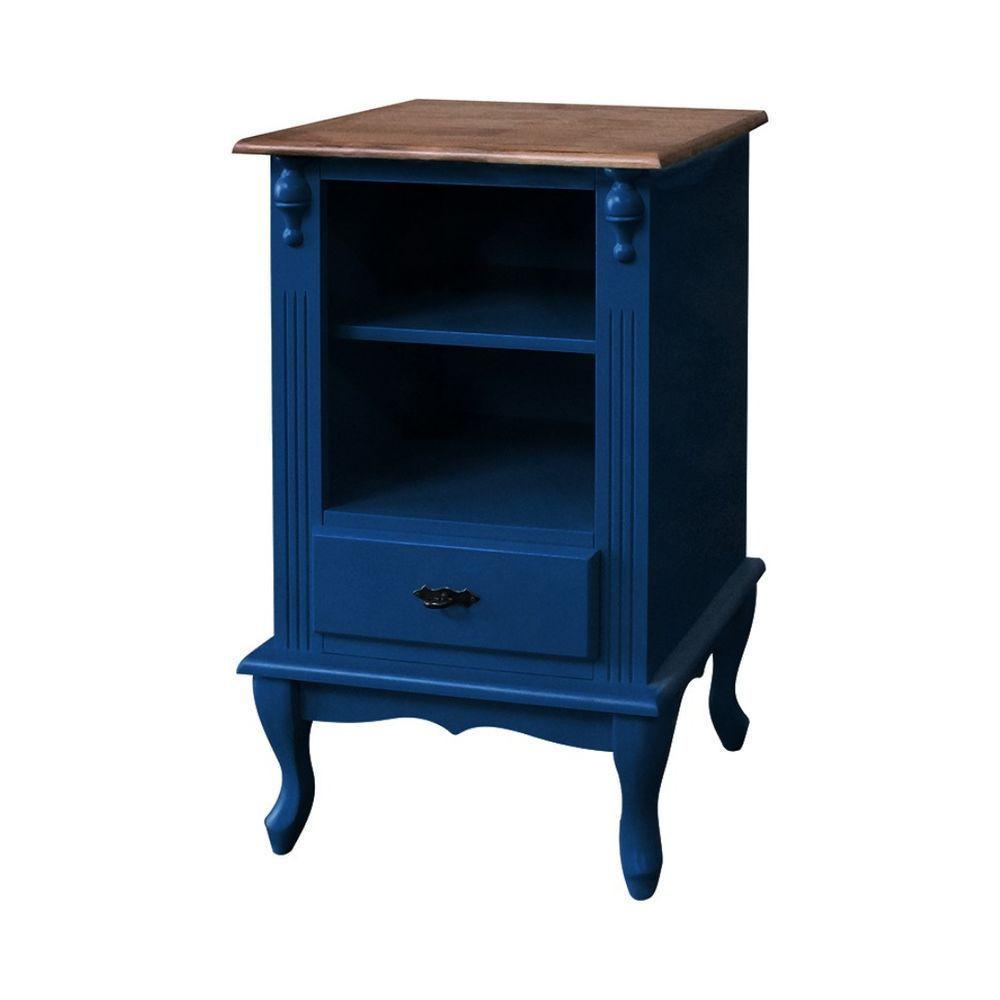 Mesa De Cabeceira Com Gaveta E Pés Luiz Xv - Azul Bic Com Tampo Imbuia Glazer - 1