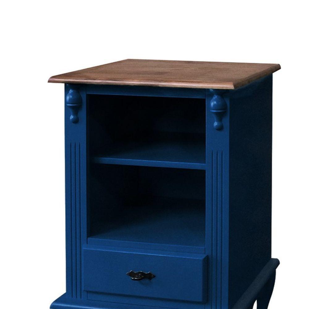 Mesa De Cabeceira Com Gaveta E Pés Luiz Xv - Azul Bic Com Tampo Imbuia Glazer - 2