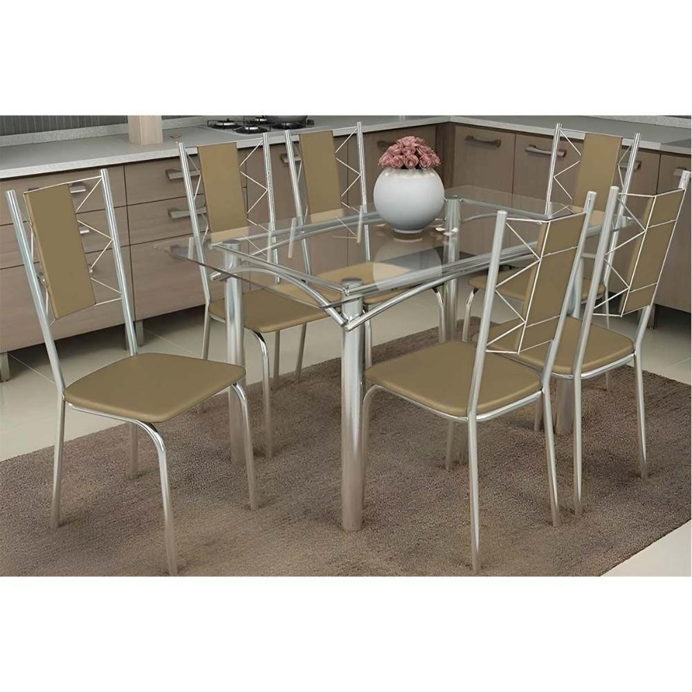 Conjunto: Mesa Sala Jantar Elba C- Tampo De Vidro 120cm E 6 Cadeiras Lisboa Cromada - Courano Capuccino - Kappesberg - 1