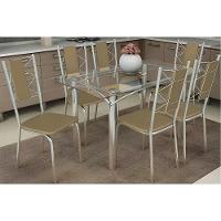 Conjunto: Mesa Sala Jantar Elba C- Tampo De Vidro 120cm E 6 Cadeiras Lisboa Cromada - Courano Capuccino - Kappesberg - 1