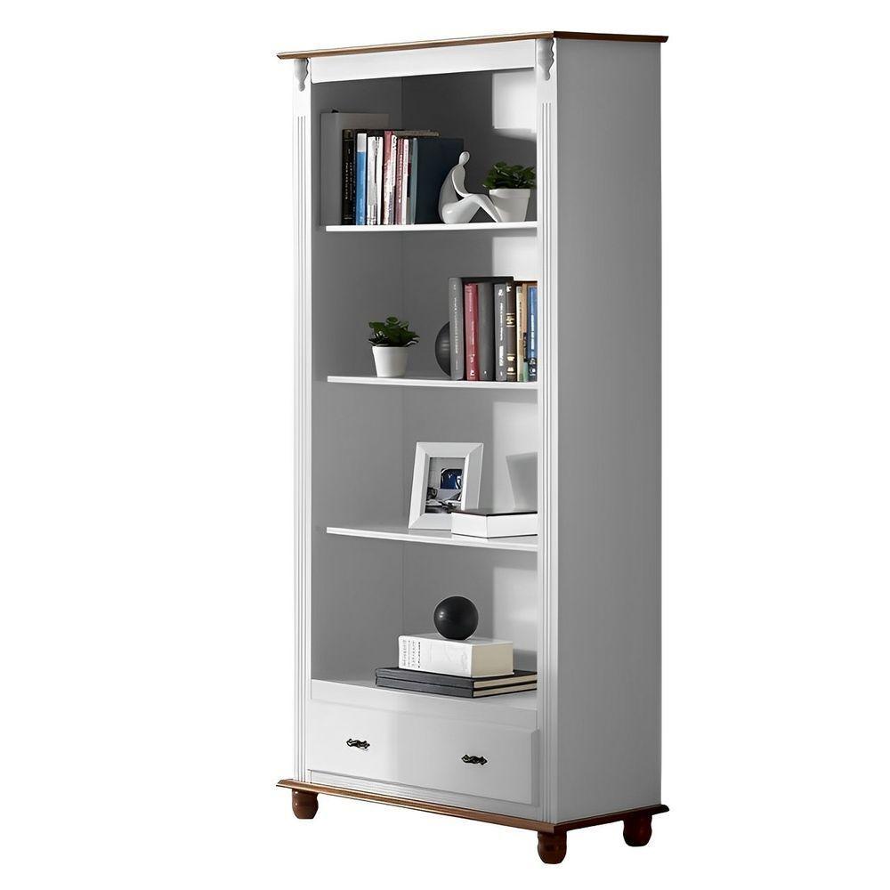 Estante Livreiro De Madeira 3 Prateleiras 1 Gaveta Pés Torneados - Nude Laca Com Tampo E Base Imbuia Glazer - 1