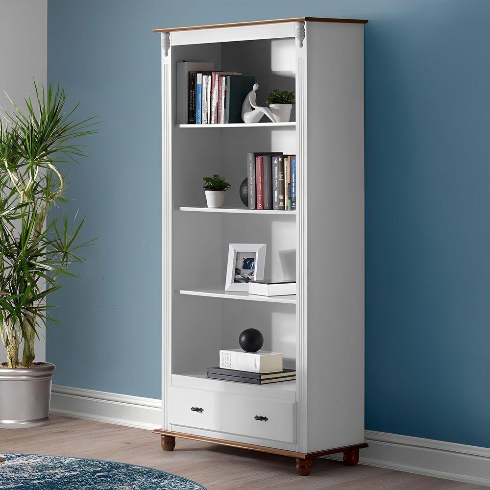 Estante Livreiro De Madeira 3 Prateleiras 1 Gaveta Pés Torneados - Nude Laca Com Tampo E Base Imbuia Glazer - 2