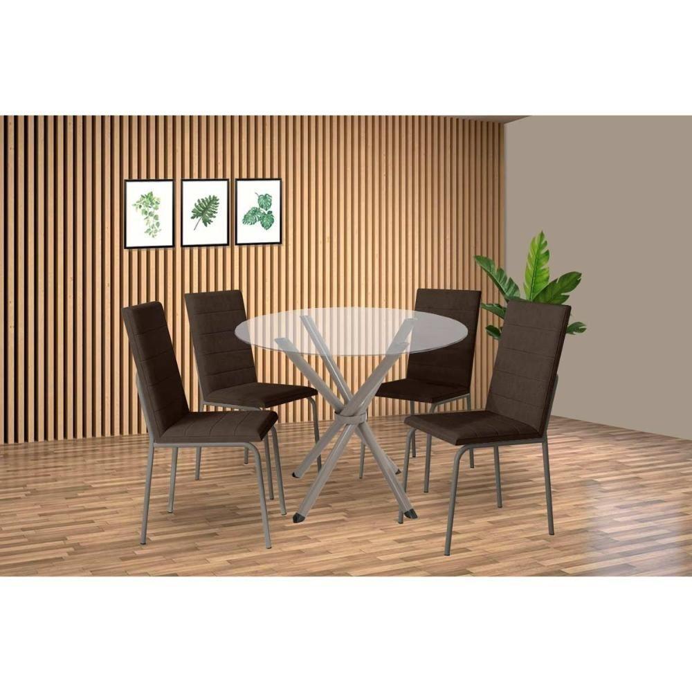 Conjunto: Mesa Sala Jantar Volga C- Tampo De Vidro 95cm E 4 Cadeiras Amsterdã Niquel - Courano Marrom - Kappesberg - 1